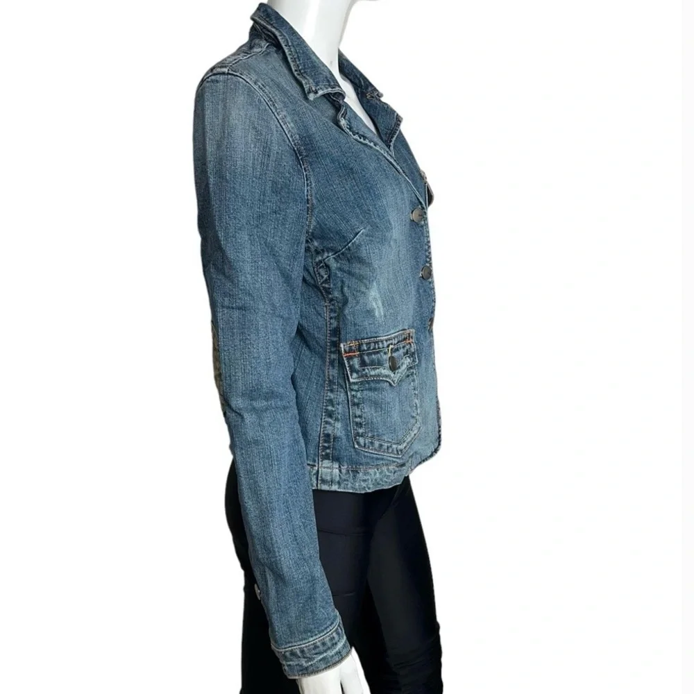 Vigoss Jeans Distressed Corduroy Patches Blue and Tan Utility‎ Denim Jean Jacket